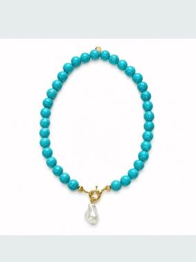 Mayamar Genuine Turquoise Beaded Necklace W/Baroque Pearl Drop 24k Dipped Clasp